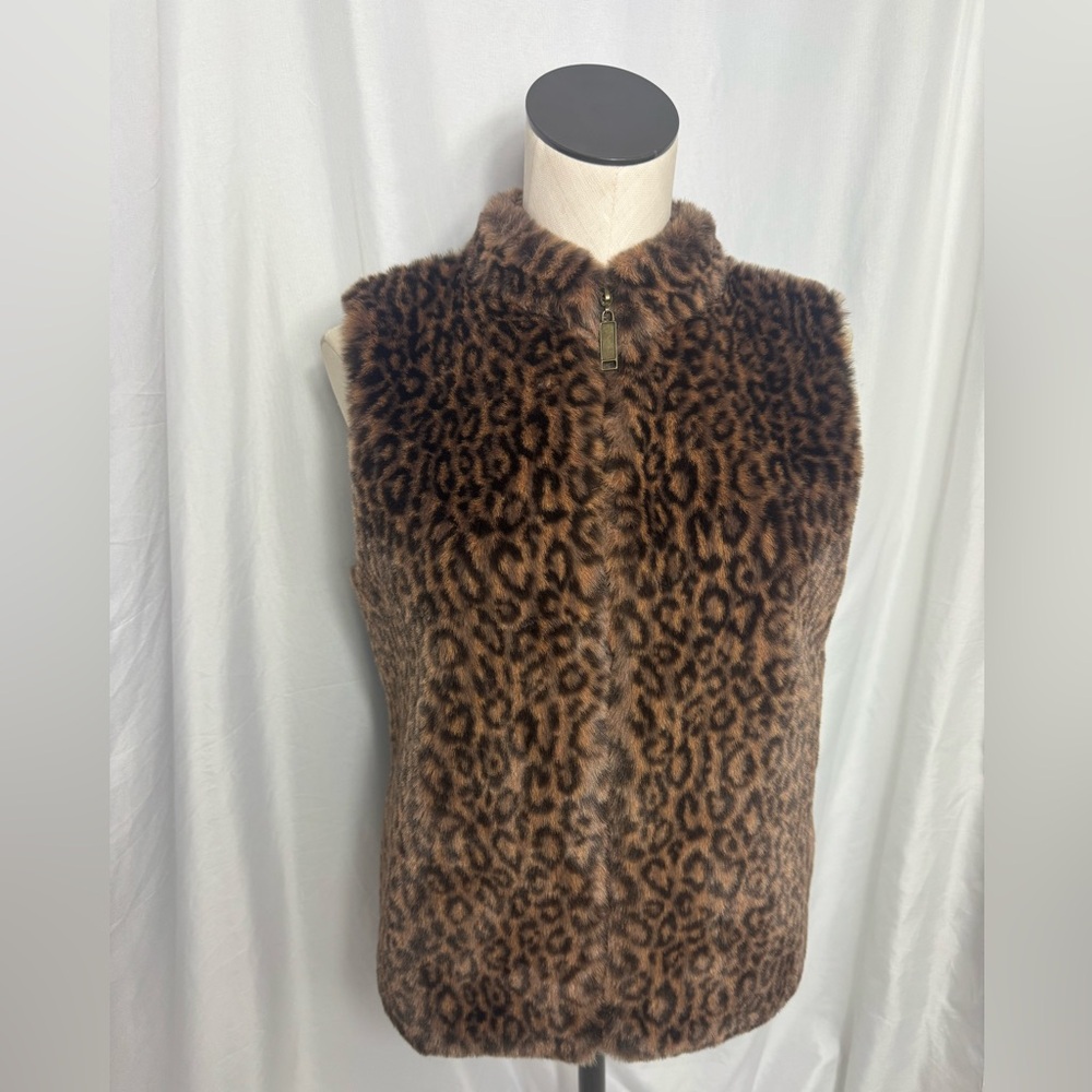 90s Y2K VTG Designers Originals leopard faux fur vest Zip up Knit on Back MP